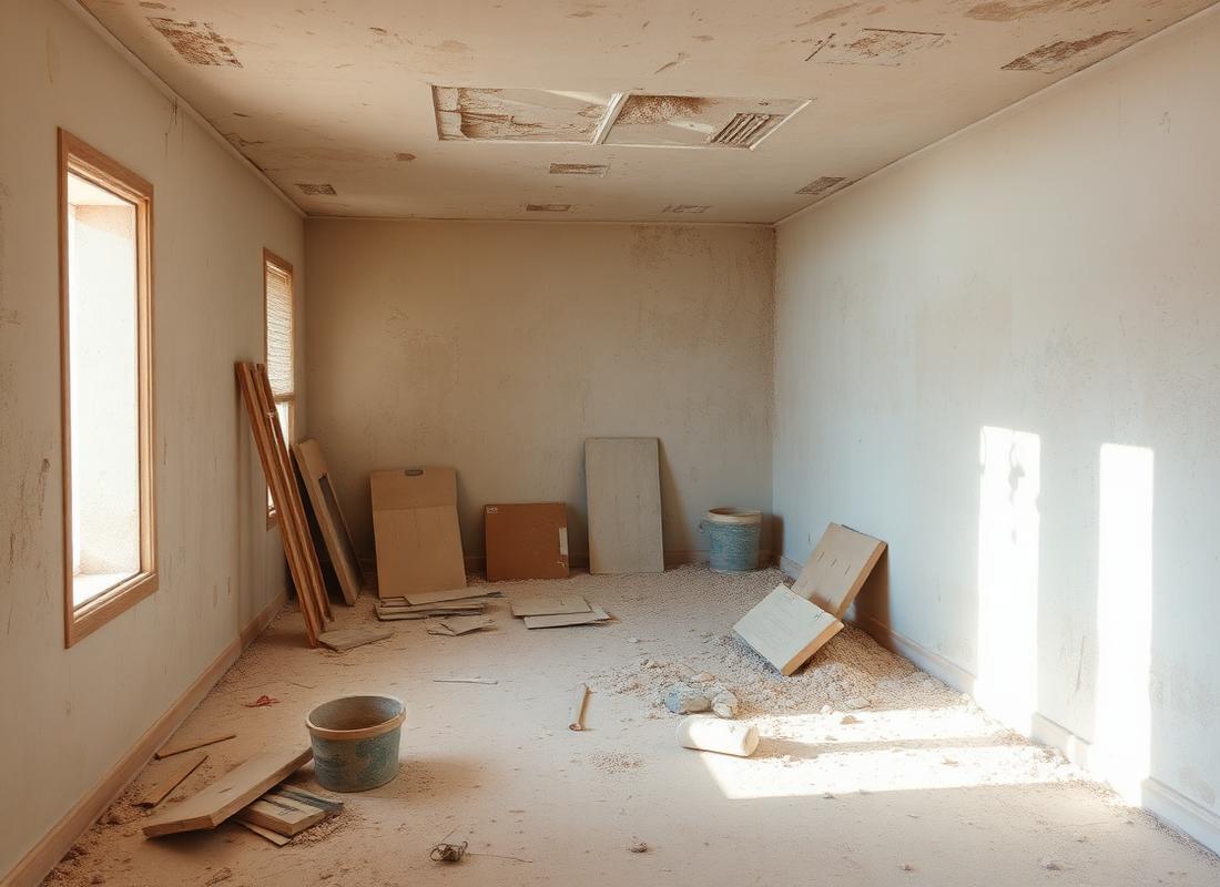 Room before cleaning, covered in construction dust and debris