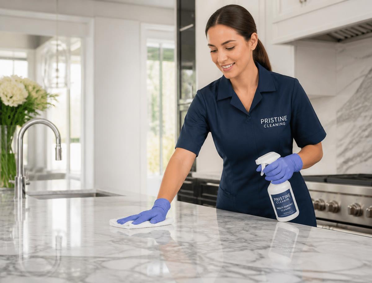 Professional cleaner polishing a marble kitchen counter