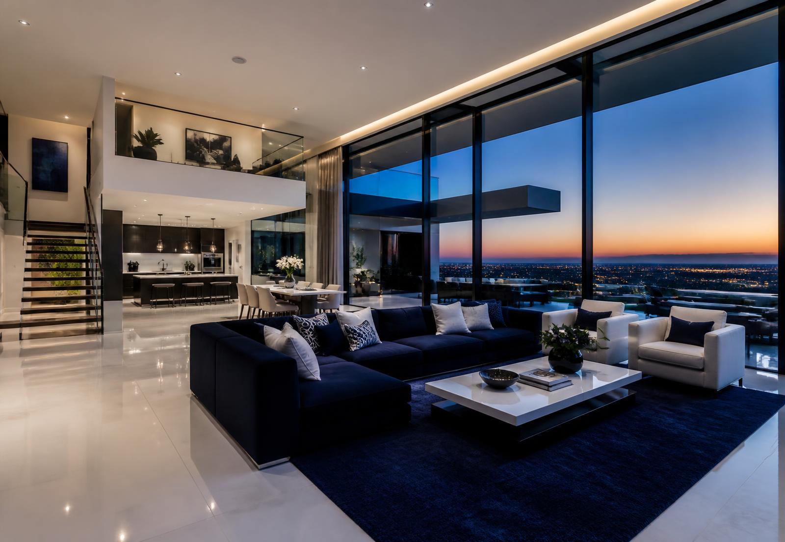 Immaculate modern luxury living room at dusk with floor-to-ceiling windows